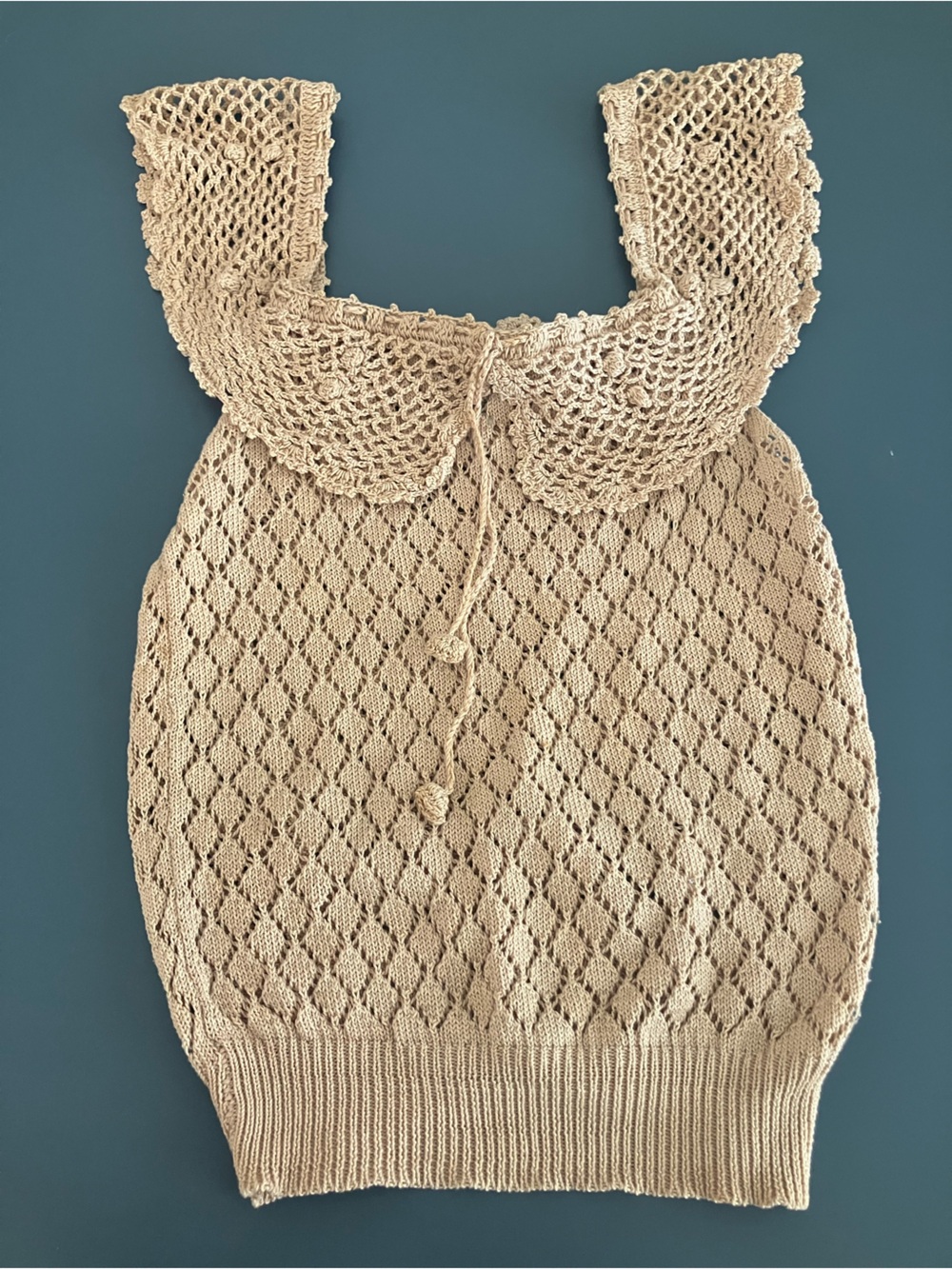 Vintage Beige Crochet Off-Shoulder Short Sleeve Ruffle Adjustable Top